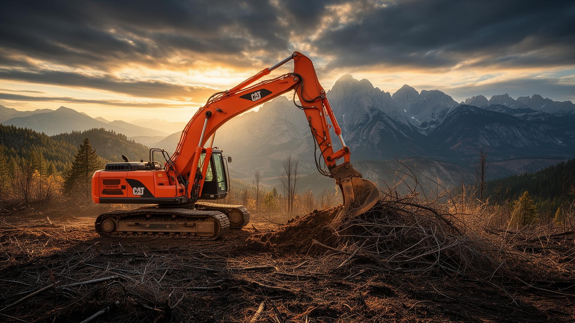 Excavator clearing defensible space in mountain terrain
